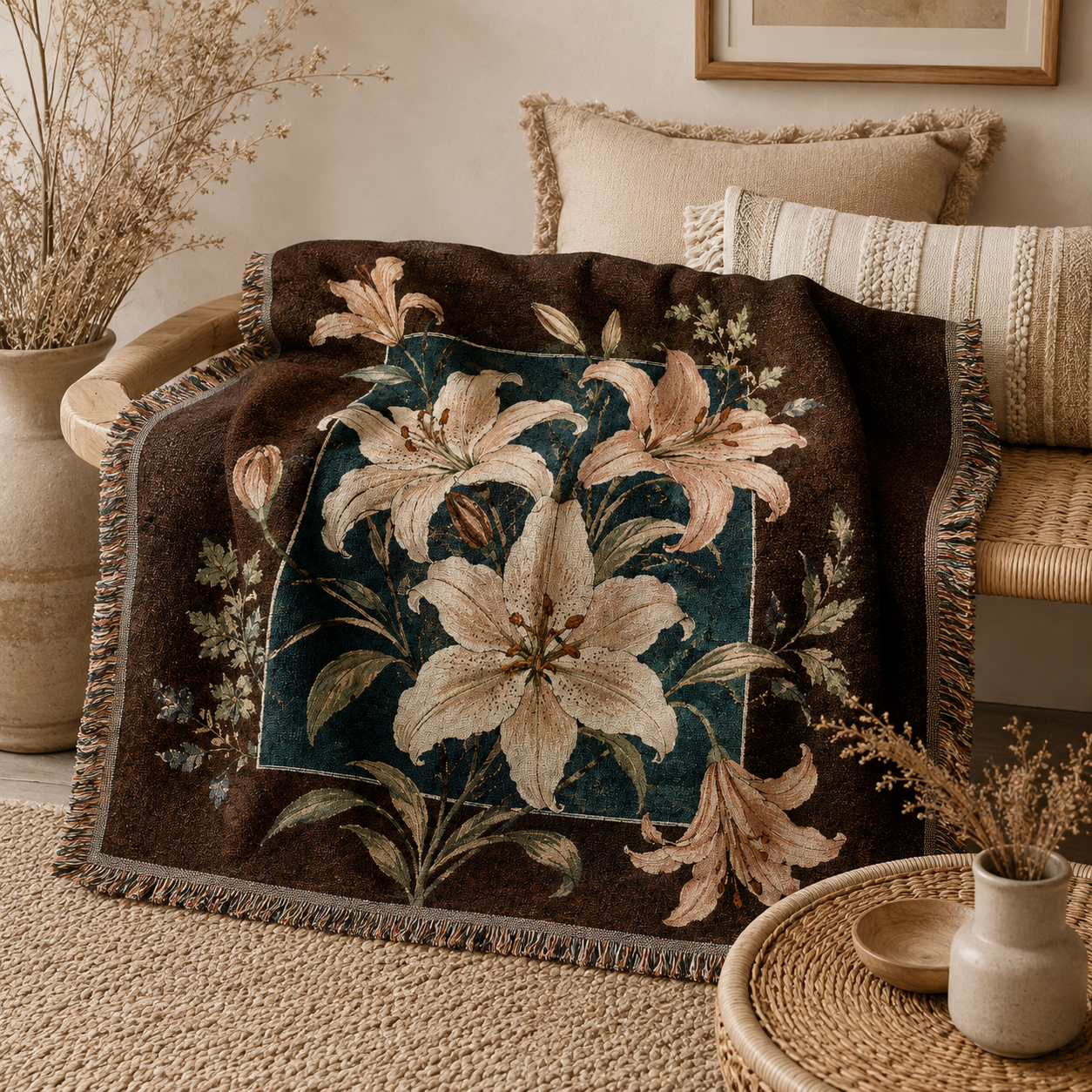 Close-up of midnight lily botanical woven blanket with textured fringe on a bench