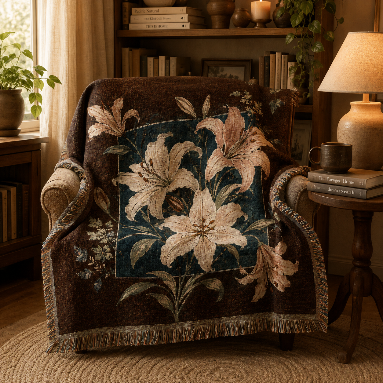Midnight lily floral woven blanket displayed on a cozy reading chair