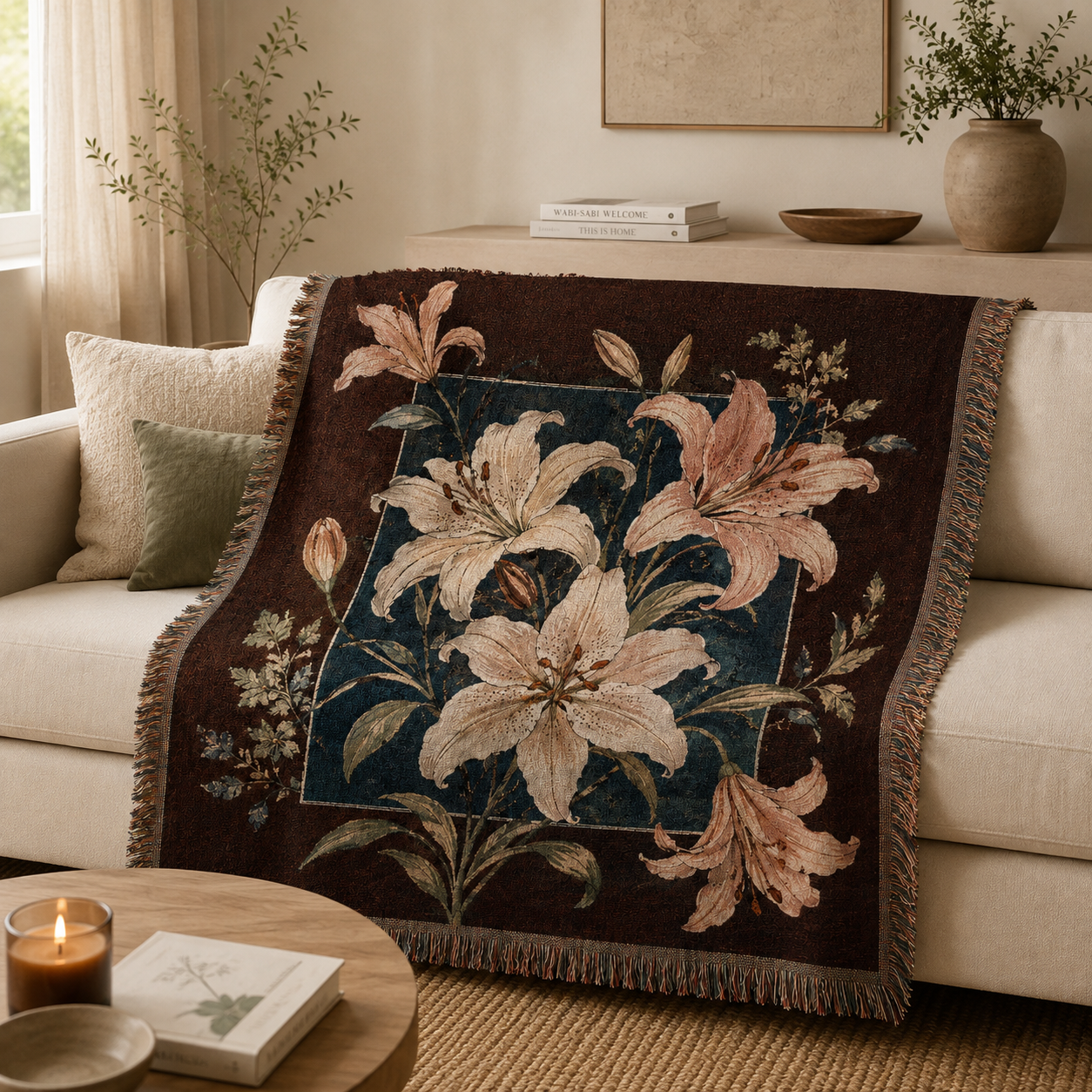 Midnight lily floral woven blanket draped over a cream sofa in a warm living room
