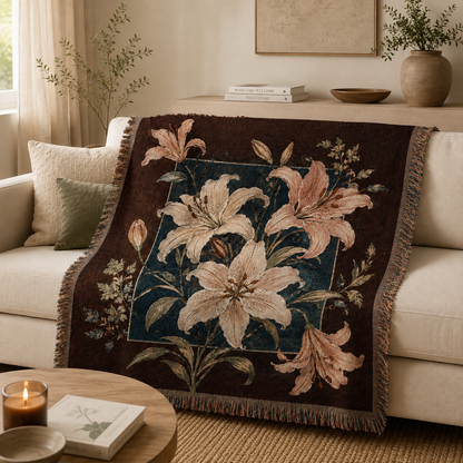 Midnight lily floral woven blanket draped over a cream sofa in a warm living room