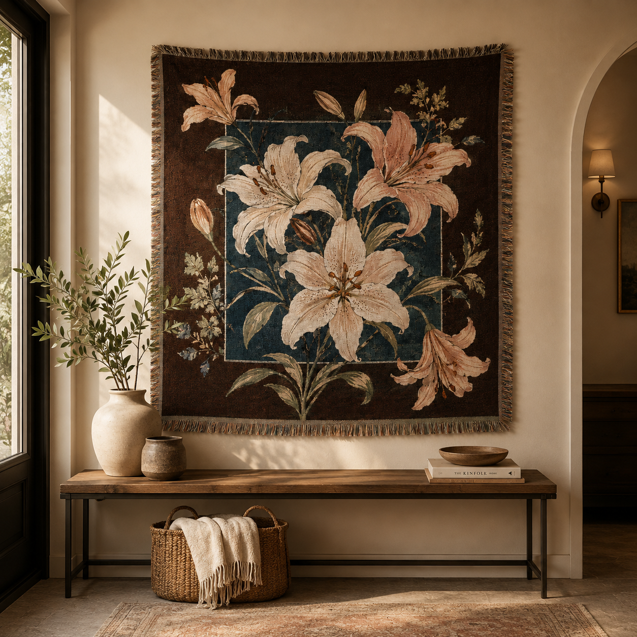 Midnight lily woven blanket displayed as botanical wall tapestry in a warm entryway