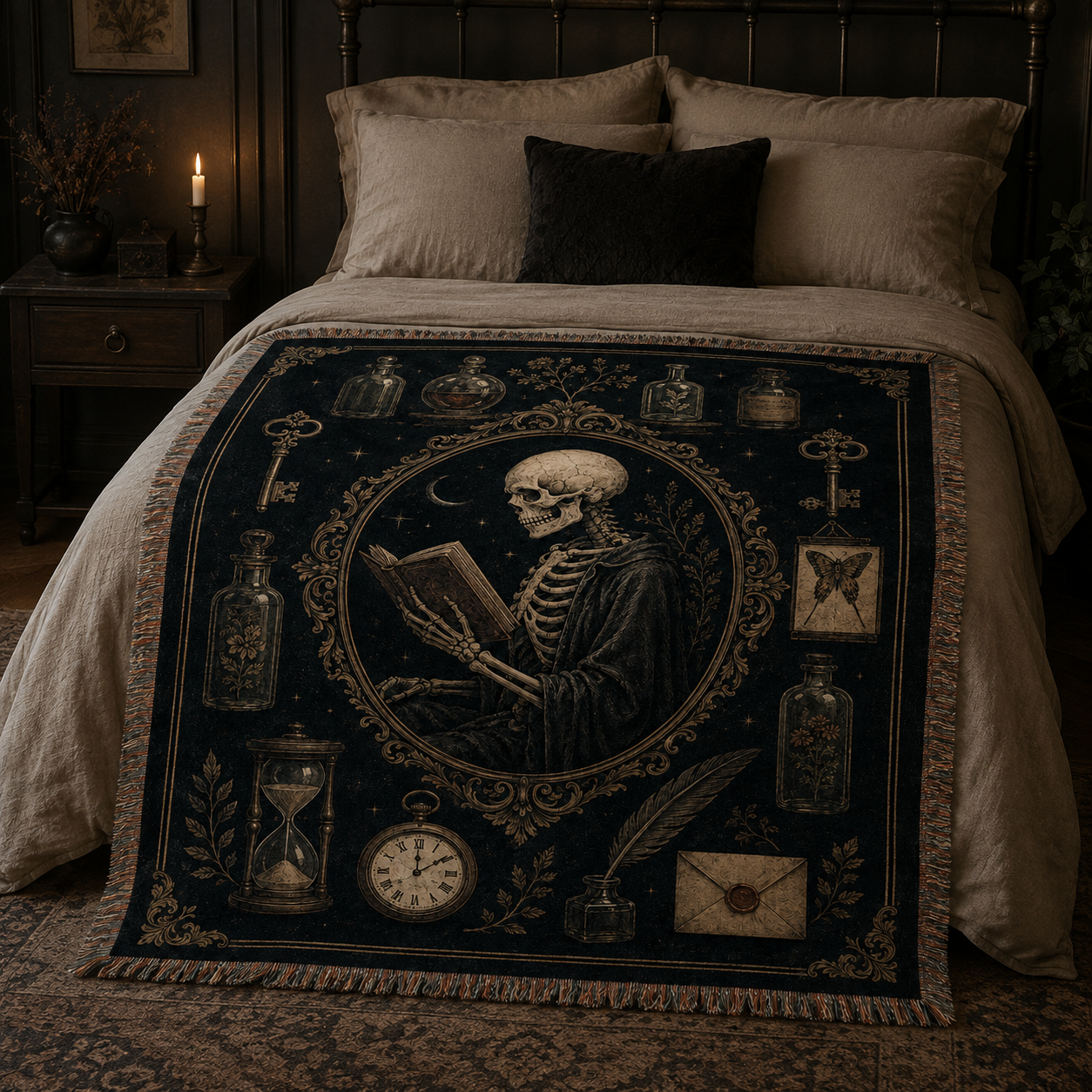 Midnight scholar gothic woven blanket styled across a neutral bed in a candlelit dark academia bedroom