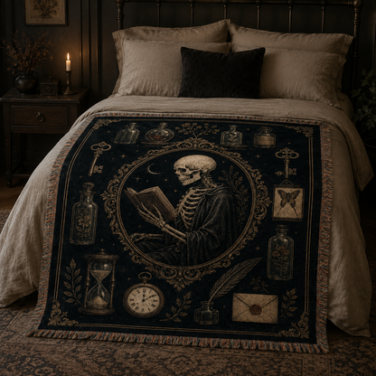Midnight scholar gothic woven blanket styled across a neutral bed in a candlelit dark academia bedroom