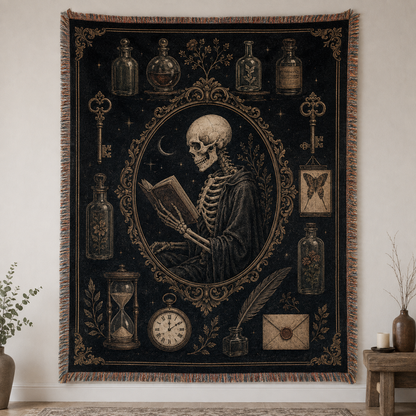 Midnight scholar gothic woven blanket shown full front with a reading skeleton, apothecary bottles, antique keys, hourglass, pocket watch, quill and fringe
