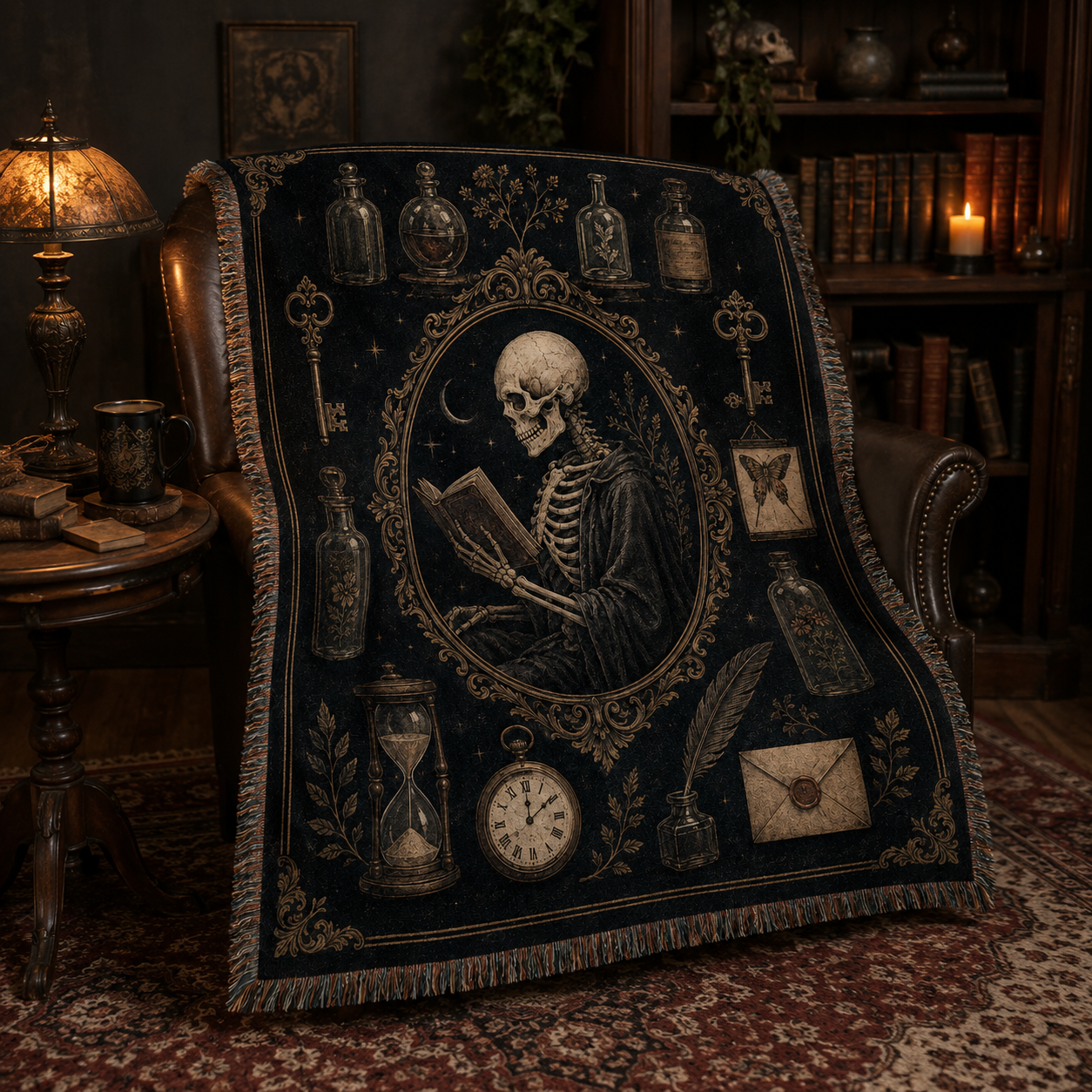 Midnight scholar gothic woven blanket displayed on a leather reading chair in a candlelit library