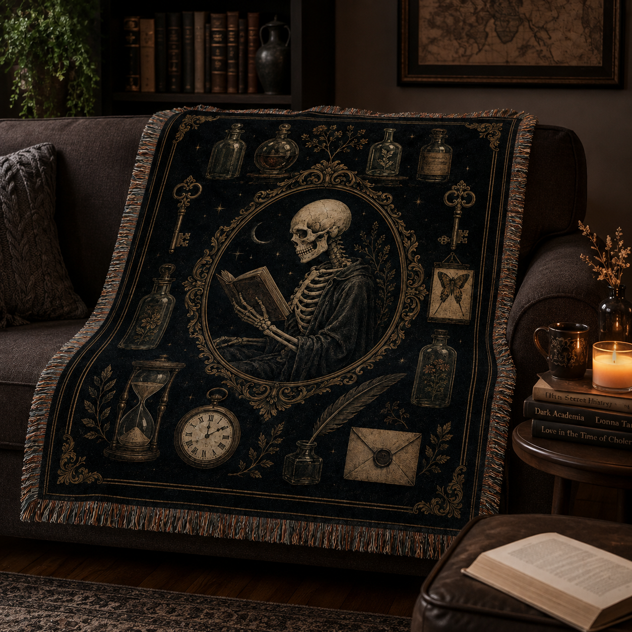 Midnight scholar gothic woven blanket draped over a dark sofa beside books and candlelight in a dark academia living room