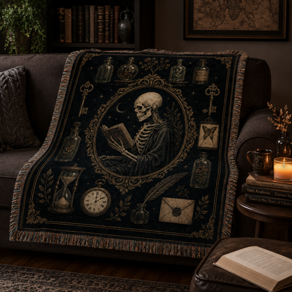 Midnight scholar gothic woven blanket draped over a dark sofa beside books and candlelight in a dark academia living room