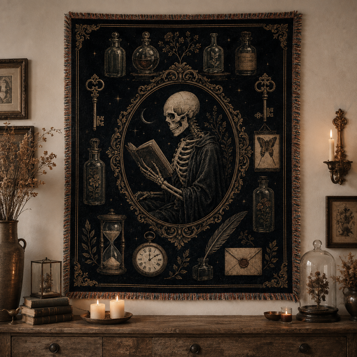 Midnight scholar gothic woven blanket displayed as wall art above an antique console with candles, books and botanical curiosities