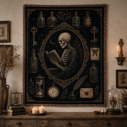 Midnight scholar gothic woven blanket displayed as wall art above an antique console with candles, books and botanical curiosities