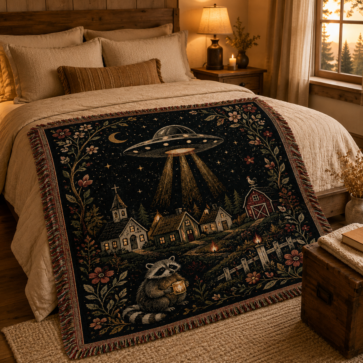 UFO village woven tapestry blanket styled across a rustic bedroom bed