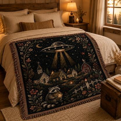 UFO village woven tapestry blanket styled across a rustic bedroom bed