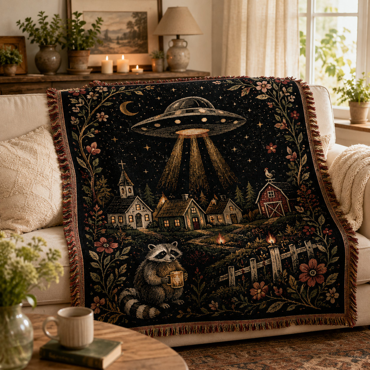 UFO village woven blanket styled on a cream sofa in a cozy living room
