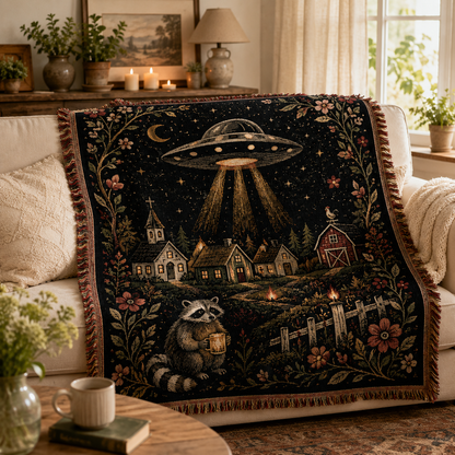 UFO village woven blanket styled on a cream sofa in a cozy living room