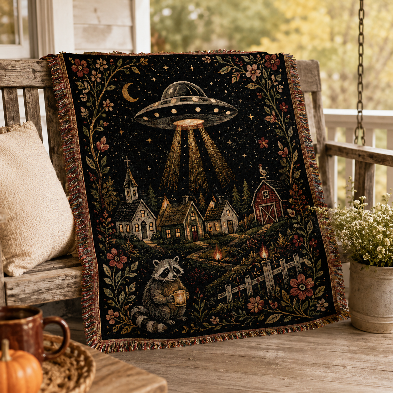 UFO village woven tapestry blanket styled on a rustic farmhouse porch