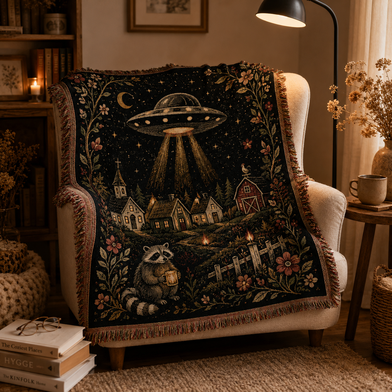 UFO village woven blanket draped over a reading chair in a warm reading nook