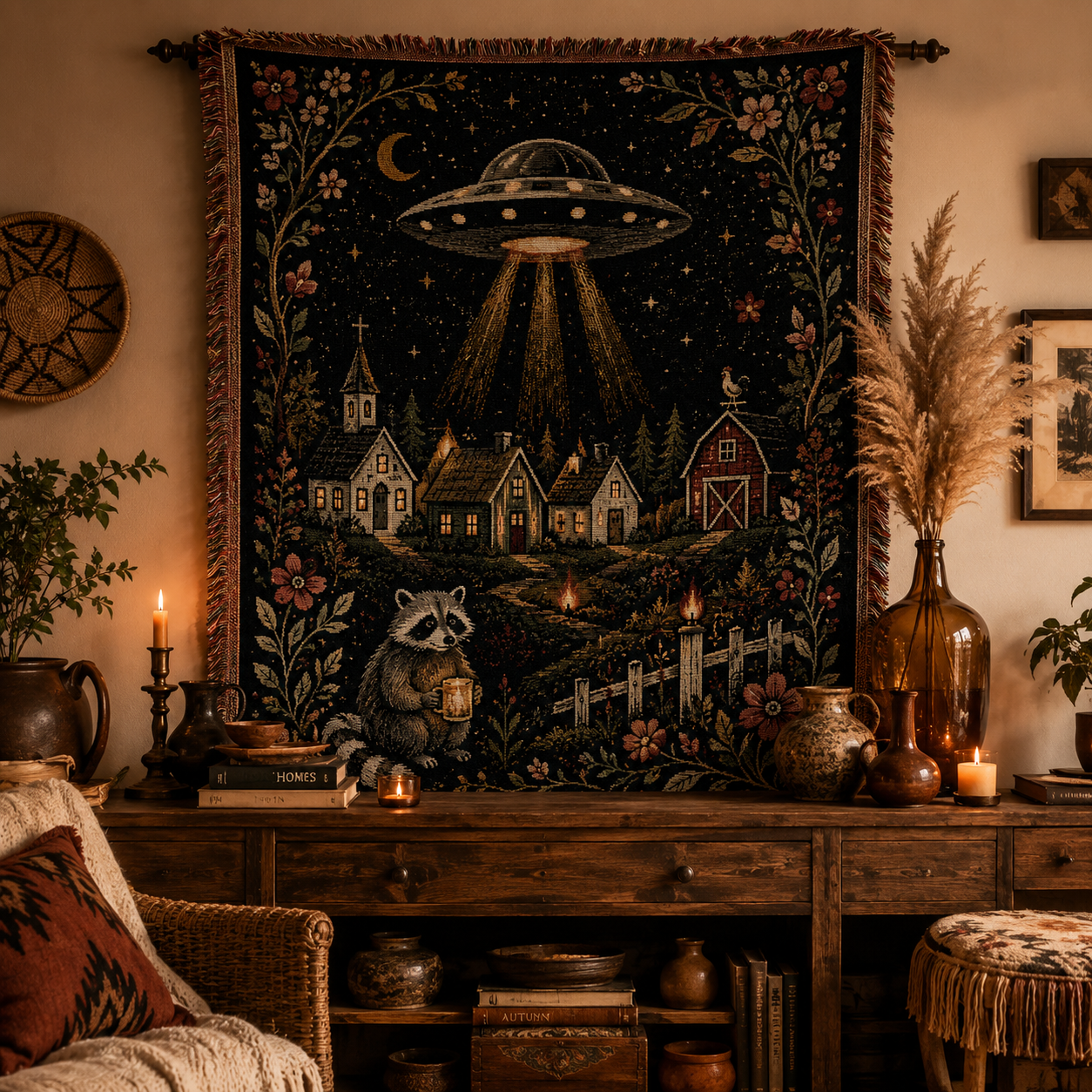 UFO village woven blanket displayed as statement wall tapestry in a warm interior