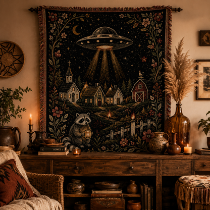 UFO village woven blanket displayed as statement wall tapestry in a warm interior