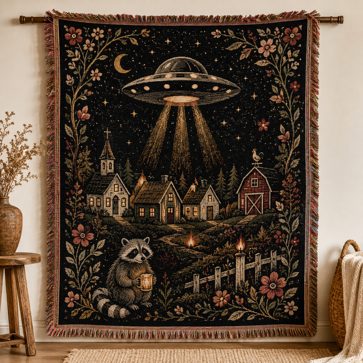 Midnight Visitor UFO village woven tapestry blanket displayed as wall art