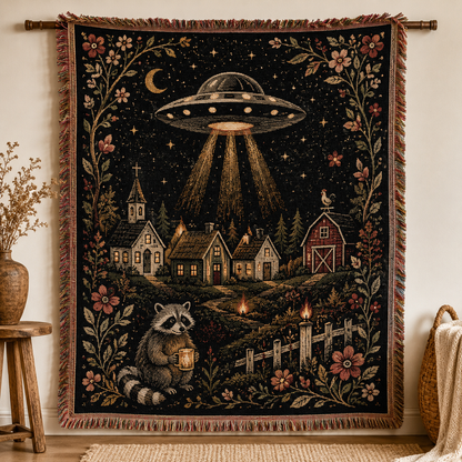 Midnight Visitor UFO village woven tapestry blanket displayed as wall art