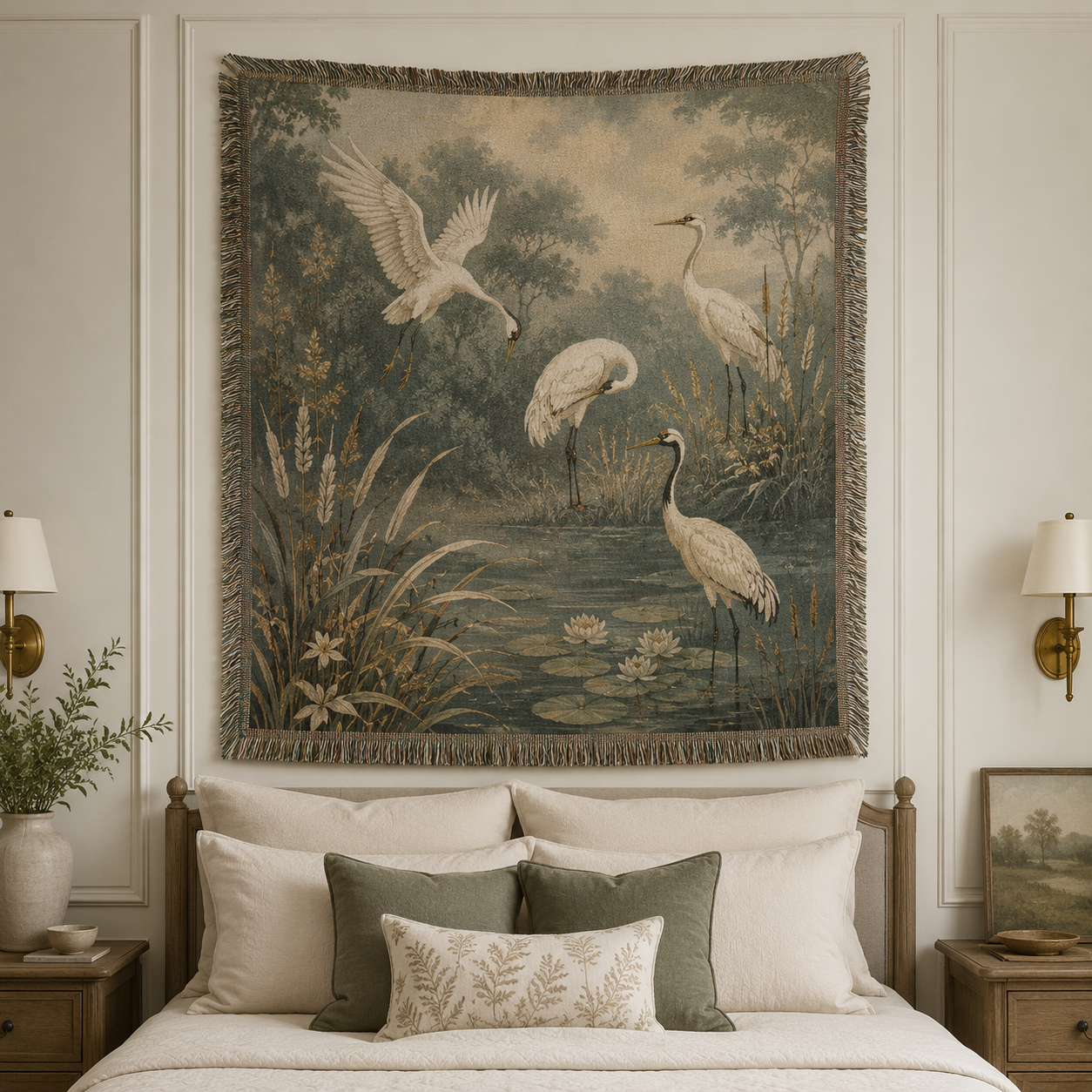 Misty crane pond woven blanket displayed as elegant bedroom wall tapestry