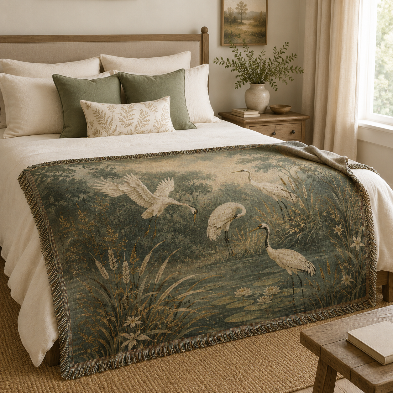 Misty crane pond woven blanket spread across a cozy neutral bedroom