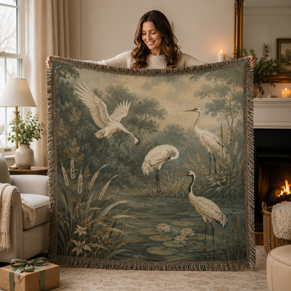 Woman holding a misty crane pond woven blanket in a cozy living room