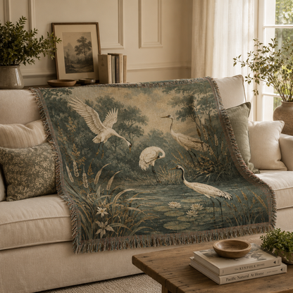 Misty crane and heron woven blanket styled on a warm neutral living room sofa