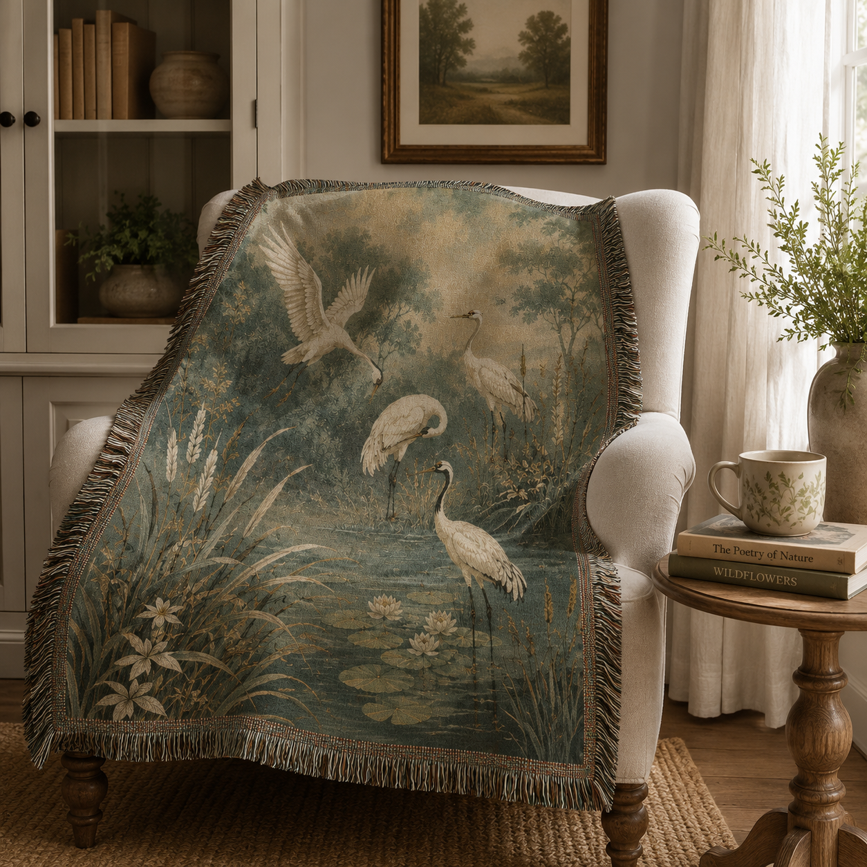 Misty crane pond woven blanket draped over an armchair in a nature inspired reading nook
