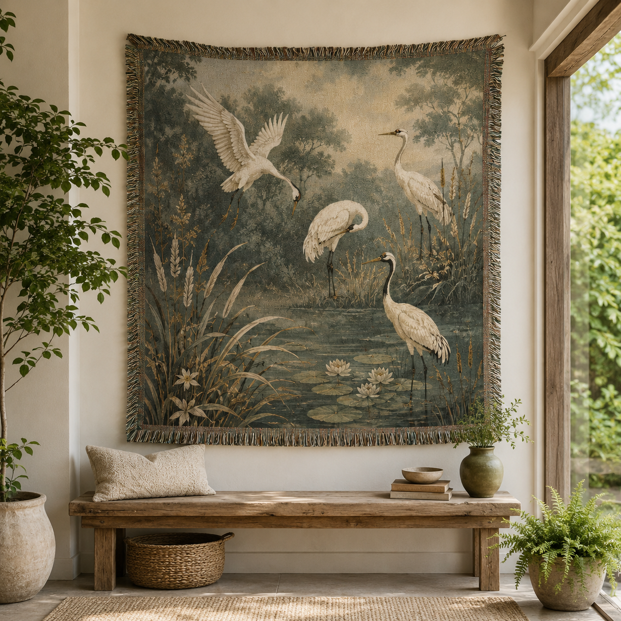 Misty crane and heron woven tapestry displayed in a bright botanical sunroom