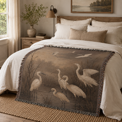 Nature bird woven blanket on a bedroom bed