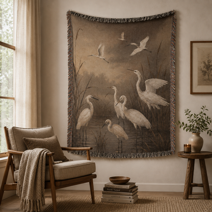 Nature bird woven blanket displayed as wall decor