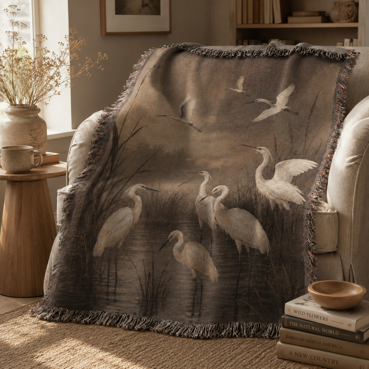 Nature bird woven blanket on a reading chair