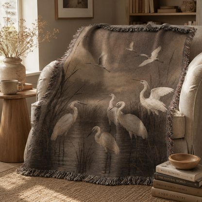 Nature bird woven blanket on a reading chair