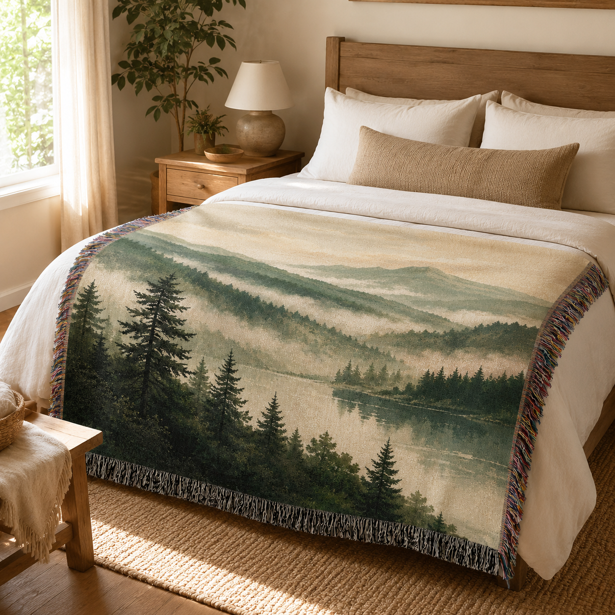 Misty mountain lake woven blanket displayed across a warm neutral bedroom bed