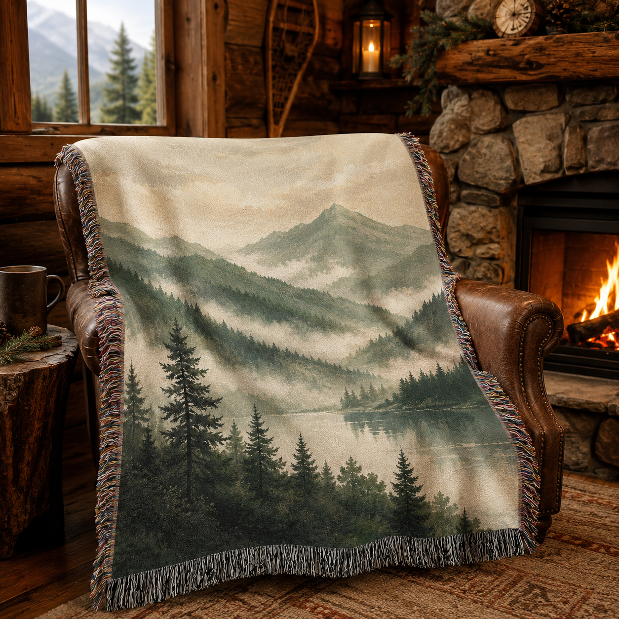 Misty mountain lake woven blanket on a leather chair beside a rustic cabin fireplace