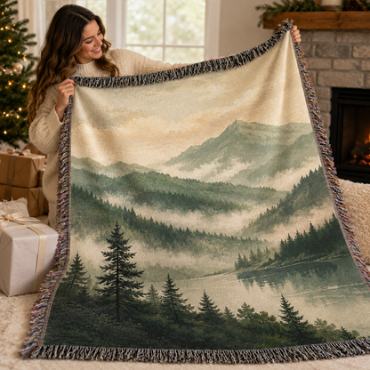 Woman opening a misty mountain lake woven blanket as a thoughtful holiday gift