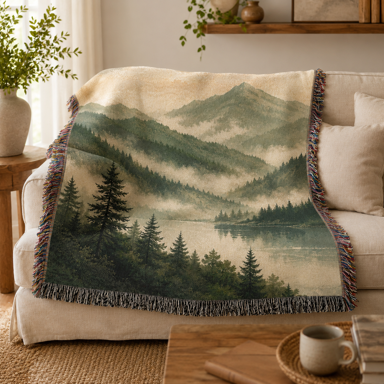 Misty mountain lake woven blanket styled on a beige sofa in a cozy living room