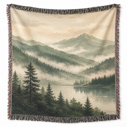 Misty mountain lake woven blanket with evergreen forest and multicolor fringe