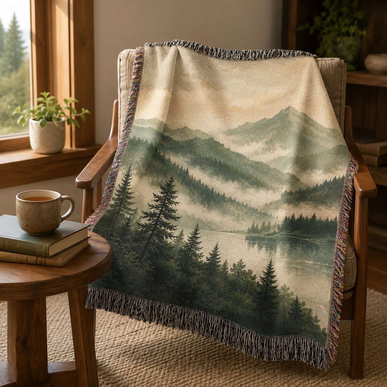 Misty mountain lake woven blanket draped over a wooden reading chair beside books and tea