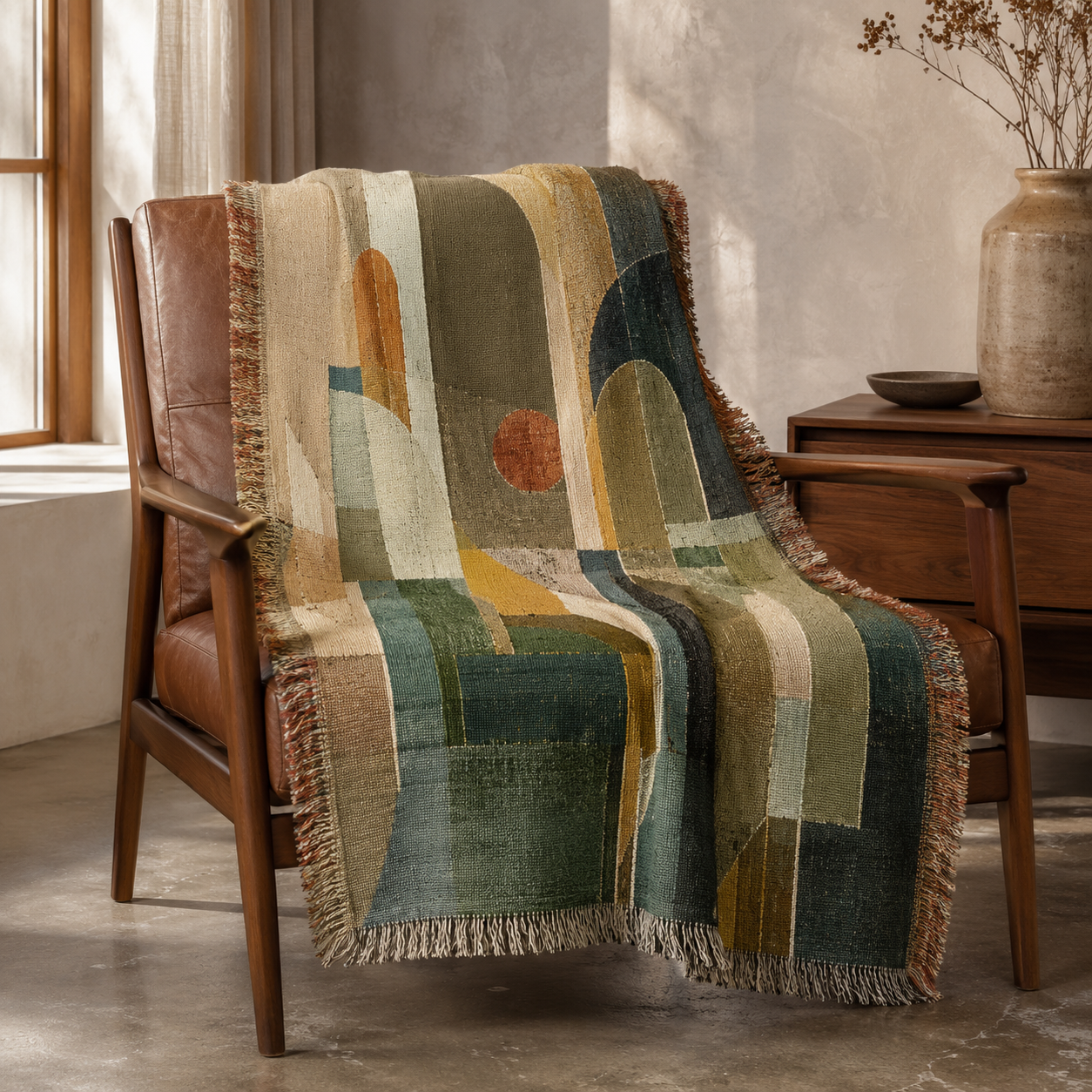 Modern abstract arches woven blanket draped over a mid century leather chair