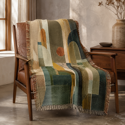 Modern abstract arches woven blanket draped over a mid century leather chair