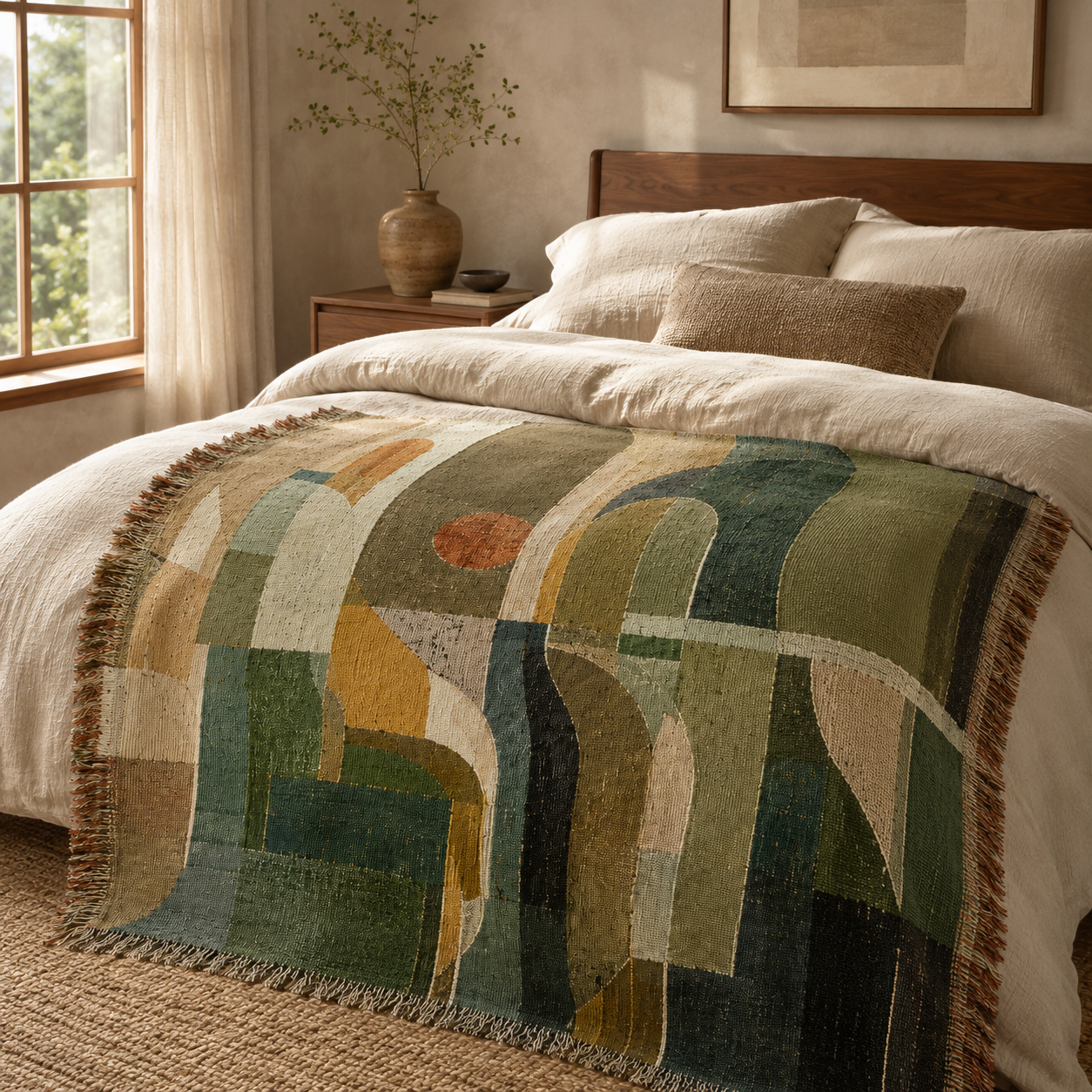 Modern abstract arches woven blanket styled across a warm neutral bedroom bed