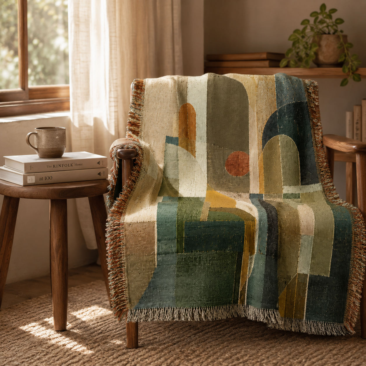 Modern abstract arches woven blanket styled on a cozy reading chair