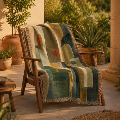 Modern abstract arches woven blanket styled outdoors on a warm patio chair