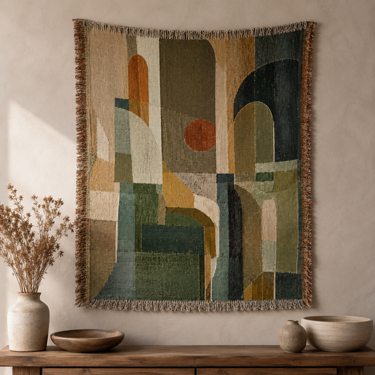 Modern abstract arches woven blanket displayed as minimalist wall tapestry decor