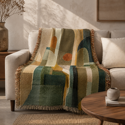 Modern abstract arches woven blanket styled on a neutral living room sofa