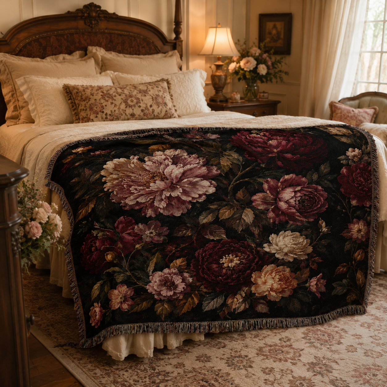 Dark floral woven blanket styled across a warm vintage bedroom bed