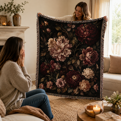 Moody peony woven blanket presented as a thoughtful floral home decor gift