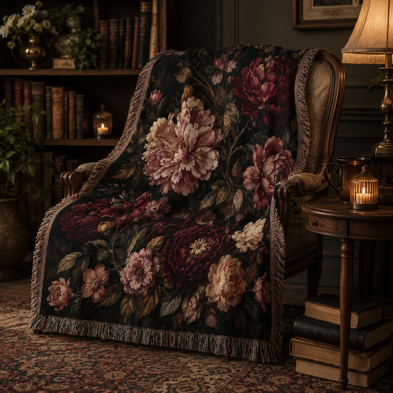 Burgundy peony woven blanket styled on a vintage armchair in a cozy reading nook