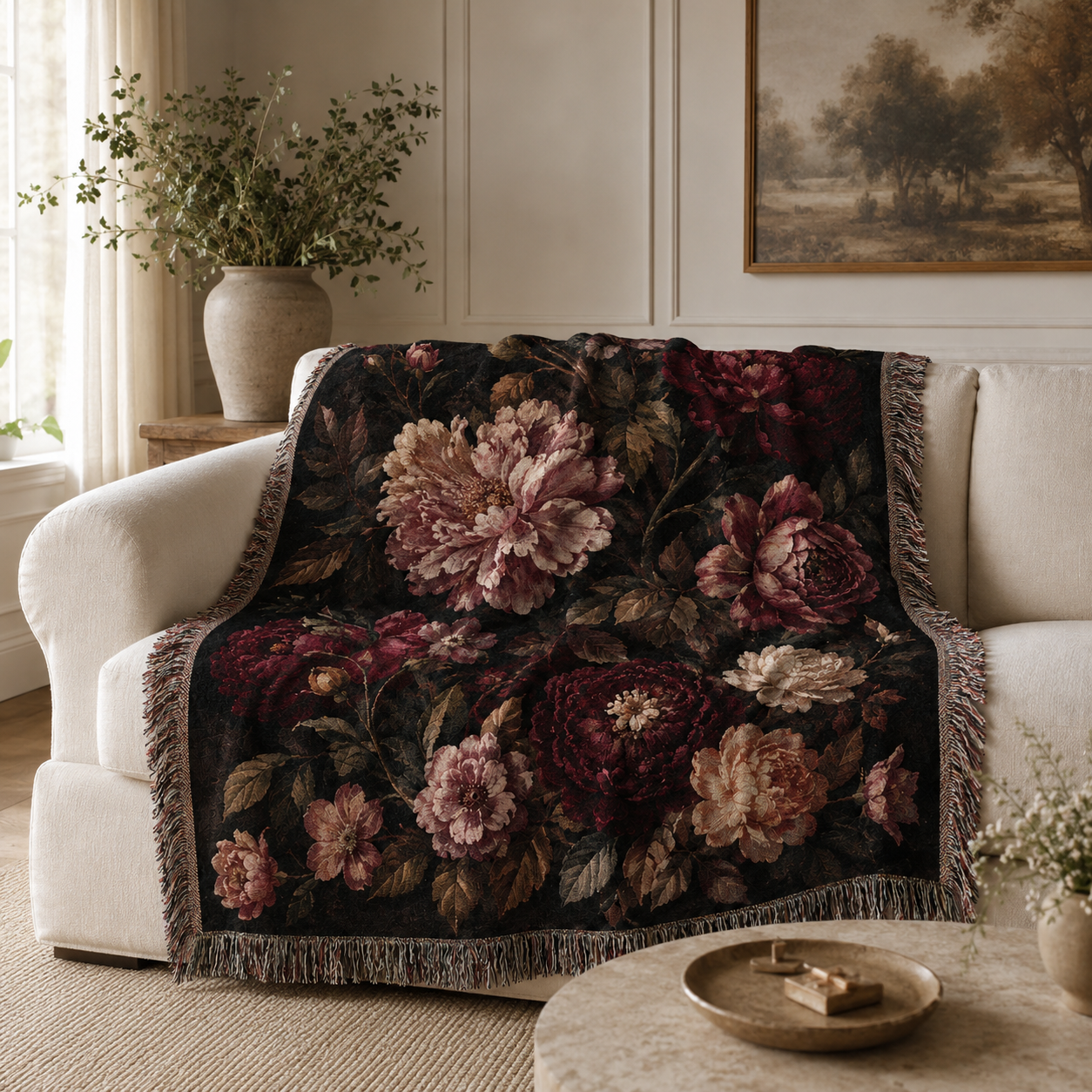 Vintage dark floral woven blanket draped over a neutral living room sofa